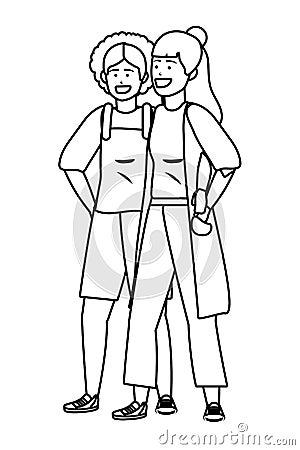 Millennial couple together hanging out black and white Vector Illustration