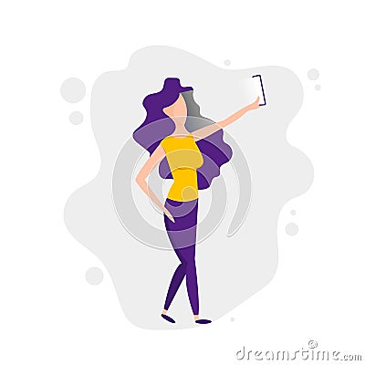 Millennial generation. Cool happy girl making selfie photo with Smartphone. Girl taking selfie.Women with smart phone Vector Illustration
