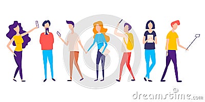 Millennial generation. Millennial teenagers with smartphones. Young people using social media. Digital Generation Vector Illustration