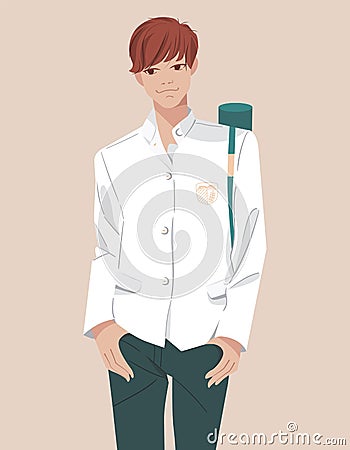 Millennial generation. Young smiling student of college, school in uniform. Character teen with paper tube. Happy Vector Illustration