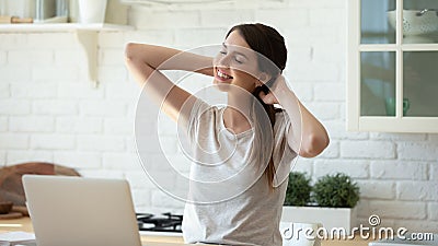 Millennial girl take break distracted from computer work Stock Photo