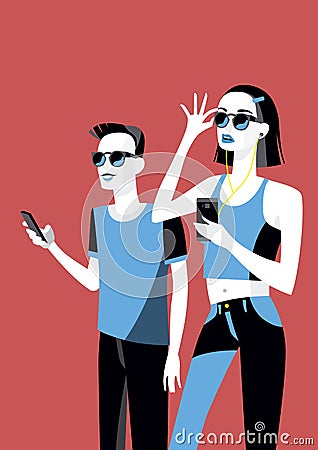 Millennial with Smartphones Earphone and Glasses Vector Illustration