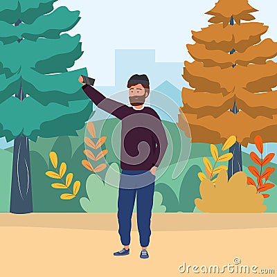 Millennial using smartphone browsing selfie nature background Vector Illustration