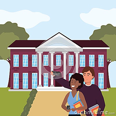 Millennial student couple on campus background Vector Illustration