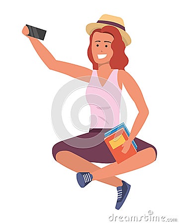 Millennial student sitting browsing on smartphone isolated Vector Illustration