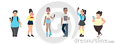 Millennial teenagers with smartphones. Group of multicultural friends using gadgets. Teens using social media. Vector Illustration