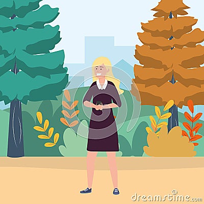 Millennial using smartphone browsing texting nature background Vector Illustration