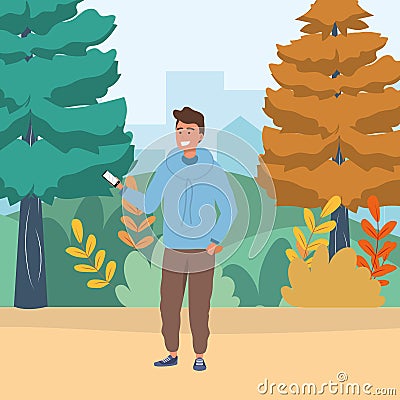 Millennial using smartphone browsing texting nature background Vector Illustration