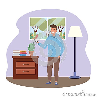 Millennial using smartphone indoors background Vector Illustration