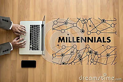 MILLENNIALS CONCEPT Business team hands at work with financial r Stock Photo