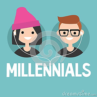 Millennials conceptual sign: young boy and girl sharing one pair Vector Illustration