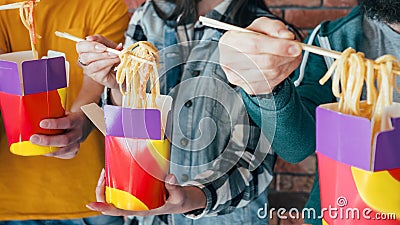 Unhealthy takeout food hands chinese noodles boxes Stock Photo