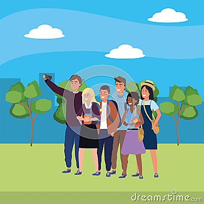 Millennials friends group taking selfie Vector Illustration