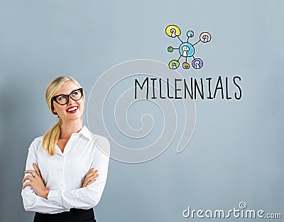 Millennials text with business woman Stock Photo