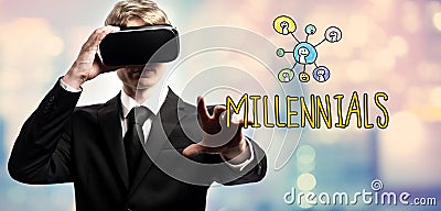 Millennials text with businessman using a virtual reality Stock Photo