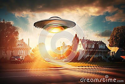 glowing flying saucer over suburban houses Stock Photo