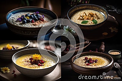 Millet Porridge, Healthy Breakfast with Fruits and Berries, Milk Millet Porridge, Abstract Generative AI Illustration Stock Photo