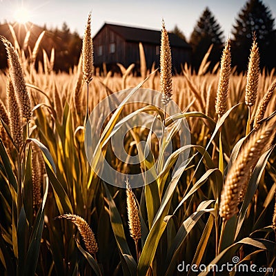 Millet, whole stalks, raw grain plant crop in farm field Stock Photo