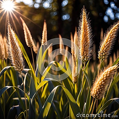 Millet, whole stalks, raw grain plant crop in farm field Stock Photo