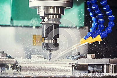 Milling metalwork process. CNC metal machining by vertical mill Stock Photo