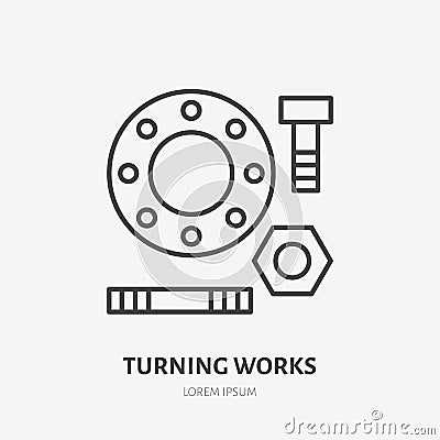 Milling and turning works flat line icon. Metal parts sign. Thin linear logo for welding services Vector Illustration