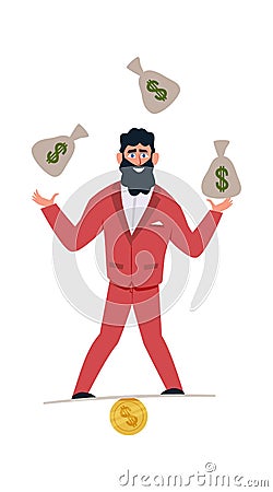 Millionaire character. Businessman with coins and money or profit investment of banker cartoon vector rich man Stock Photo