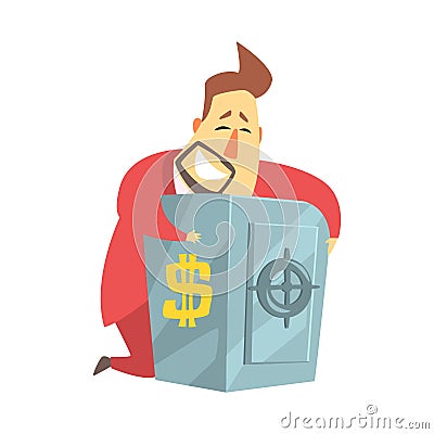 Millionaire Rich Man Hugging His Metal Safe Money Box ,Funny Cartoon Character Lifestyle Situation Vector Illustration