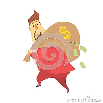 Millionaire Rich Man Running Away With Big Bag Of Money, Bills Falling Out Of The Hole,Funny Cartoon Character Lifestyle Vector Illustration