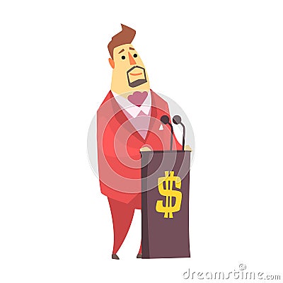 Millionaire Rich Man On The Tribune Debating On Financial Conference ,Funny Cartoon Character Lifestyle Situation Vector Illustration