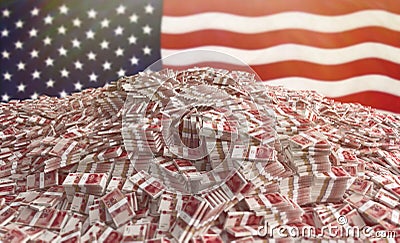 Millions of chinese Yuan - Pile of new 100 Yuan Bills in front of the american flag Stock Photo