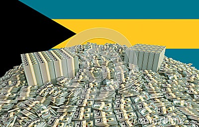 Millions of Dollars - Pile of new 100 Dollar Bills in front of the Bahamas flag Stock Photo