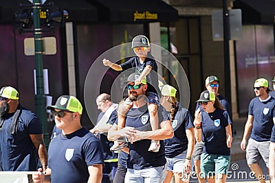 Wisconsin worker Labor Unions and Teamsters marched in the streets of Milwaukee during the Labor Day Holiday. Editorial Stock Photo