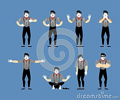 Mime set. Pantomime sad and yoga. bewildered and angry. Mimic Vector Illustration