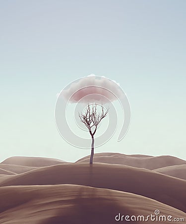 Mimimalism Concept of hope and loneliness. Lonely tree in desert with cloud abstract metaphor. 3d illustration Cartoon Illustration
