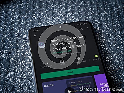 Mimo - Learning coding app play store page on the display of a black mobile smartphone on a metallic background Editorial Stock Photo