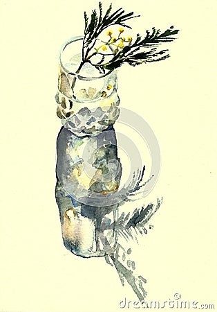 Mimosa in a glass watercolor Stock Photo