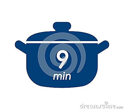 9 min cooking time blue label, cooking pot symbol with nine minute mark, boiling time vector illustration Vector Illustration