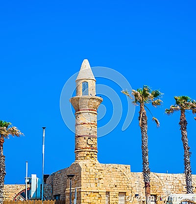 Minaret and fortifications of Caesarea Stock Photo
