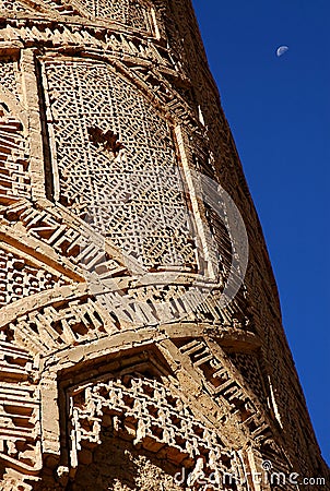 The Minaret of Jam, a UNESCO site in central Afghanistan. Showing detail of the geometric decorations and moon. Stock Photo