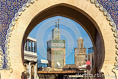 Minarets of Fes seen throuth Bab Bou Jeloud Gate. Morocco Stock Photo