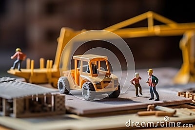Minature model figurine of engineer foreman and workers working at construction site, construction industry and real estate Stock Photo