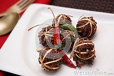 Mince Meat wonder dumplings, Kayar Katti Kola Urundai, Mutton Virundhu Stock Photo