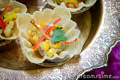 Minced chicken and sweet corn in crispy golden cup or Kratong thong Stock Photo