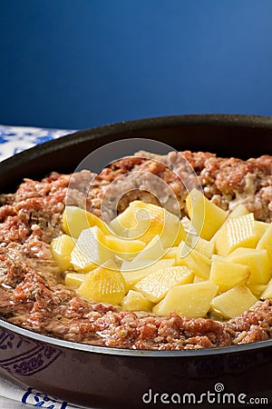 Minced meat pie and potatoes. Stock Photo