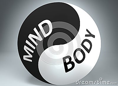 Mind and body in balance - pictured as words Mind, body and yin yang symbol, to show harmony between Mind and body, 3d Cartoon Illustration