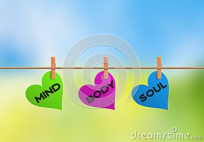 Mind Body Soul. Three human dimensions in White Heart Shape hanging on pegs rope. Nature Blur background. Concept of Spiritual, Stock Photo