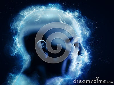 Mind, brain power and energy concept. 3D human head with glowing abstract shapes Stock Photo