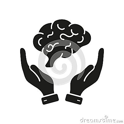 Mind Care Cpncept. Human Brain in Side View with Hands Silhouette Icon. Neurology, Psychology Glyph Pictogram Vector Illustration