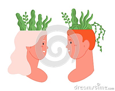 Mind health concept. Flower therapy, female male brain relax. Happy idea birth, plants in human head. Mental wellbeing Vector Illustration