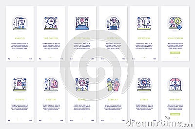 Mind health processes, psychology problem UX, UI onboarding mobile app page screen set Vector Illustration